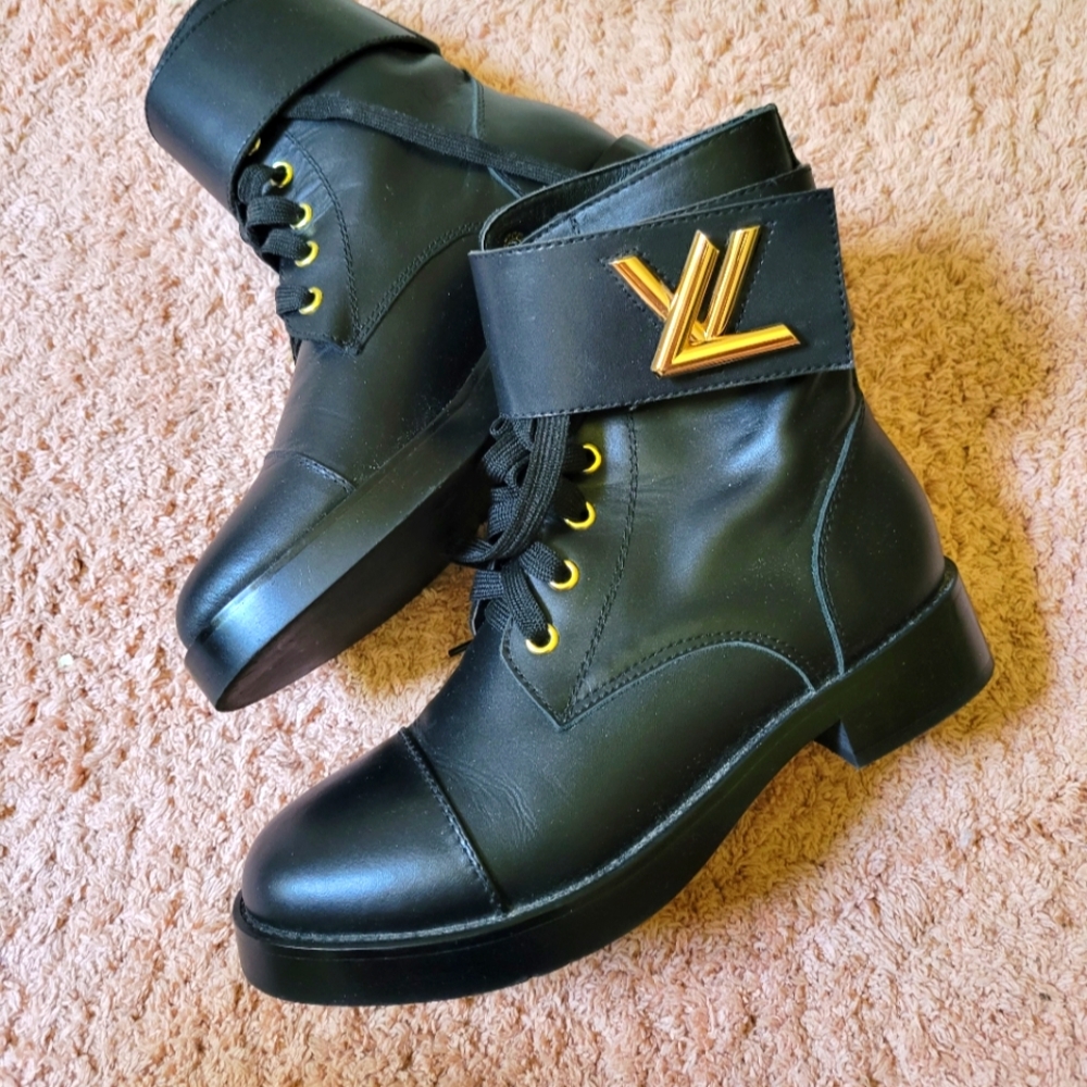 LV Metal Black Combat Boots with Gold Accents 7